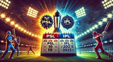 PSL 10 and IPL 2025 logos with a stadium backdrop and a calendar showing overlapping dates.